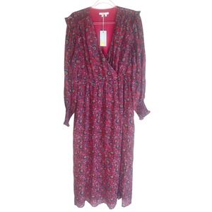 Boden Paisley Midi Wrap Dress Womens 12L Red Long Sleeve NWT Smocked Ruffle